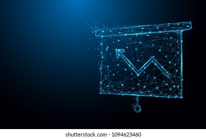 Growing Chart on Board icon form lines and triangles, point connecting network on blue background. Illustration vector