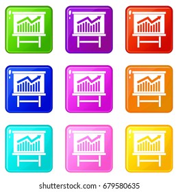 Growing chart on presentation board icons of 9 color set isolated vector illustration