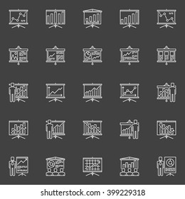 Growing chart presentation icons - vector collection of linear presentation graphs and charts symbols or logo elements on dark background