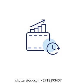 Gráfico de crecimiento en la cartera y el reloj. Crecimiento de los ahorros programados, salarios puntuales o transferencias. Icono de Vector de trazo perfecto y editable
