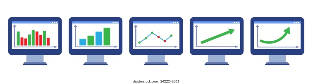 Gráficos de crecimiento en pantalla de computadora - conjunto de vectores. Elementos vectores de las finanzas y el mercado de valores.