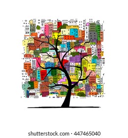 Growing city, tree concept. Sketch for your design
