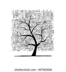 Growing city, tree concept. Sketch for your design