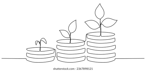 Growing coins stack with leaves branches continuous one line drawing. Business investing concept. Vector illustration isolated on white.