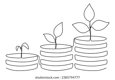 Growing coins stack with leaves continuous line drawing. Business investing concept. Vector illustration isolated on white.