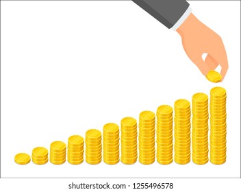Growing columns of coins and a hand that puts a coin on top of the tallest one, savings concept. Vector isometric illustration