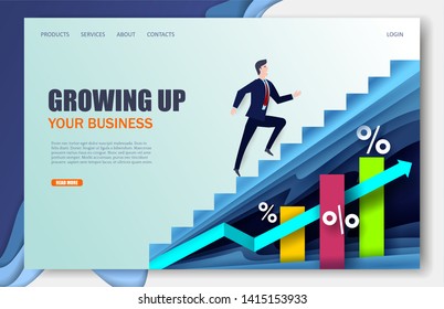 Growing company vector website template, web page and landing page design for website and mobile site development. Business growth, financial success, leadership concept, paper art illustration.