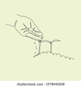 Growing Concept - Hand Watering Young Plants Line art