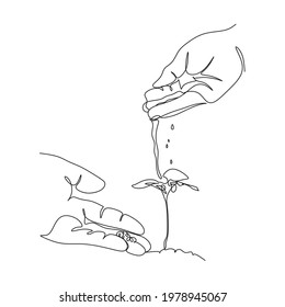 Growing Concept - Hand Watering Young Plants Line art