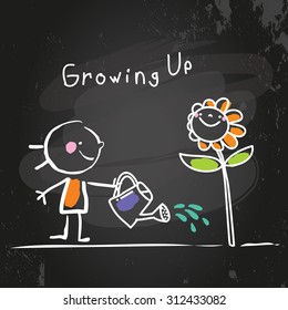 Growing Up Conceptual Vector Illustration. Kid Watering A Flower, Chalk On Blackboard Doodle Style Hand Drawn Drawing. 