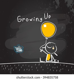 Crecer la ilustración conceptual vectorial. Niño sosteniendo un globo, tiza en el dibujo a mano estilo doodle de pizarra. 