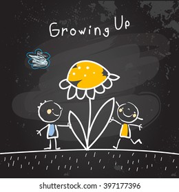 Growing Up Conceptual Vector Illustration. Kids With Flower, Chalk On Blackboard Doodle Style Hand Drawn Drawing. 