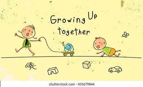 Growing Up Conceptual Vector Illustration. Kids Playing Together, Doodle Style Hand Drawn Sketchy Drawing. 