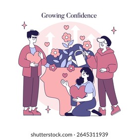 Growing confidence through nurturing emotions and support. Individuals come together to cultivate self-esteem and positive feelings, represented by a brain blossoming with flowers. Vector illustration