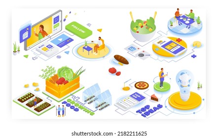 Growing and cooking food, vector isometric illustration. Easy, fast online dinner ideas, recipes, food blog. Farming.