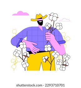 Ilustraciones de vectores de dibujos animados aislados de algodón en crecimiento. Granjero sonriente cultivando algodón en campo, plantando semillas, industria agrícola, trabajador agroindustrial, caricatura vectorial del sector de producción.