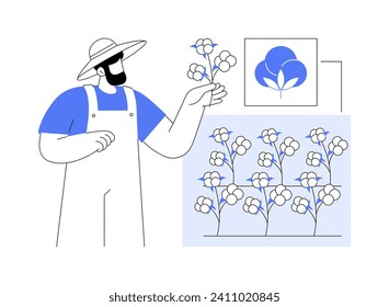 Growing cotton isolated cartoon vector illustrations. Smiling farmer growing cotton on field, planting seeds, agriculture industry, agribusiness worker, production sector vector cartoon.