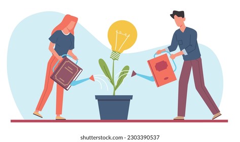 Growing creating idea, people water lightbulb with knowledge from books. Education for new project. Man and woman watering creative plant. Cartoon flat style isolated vector concept