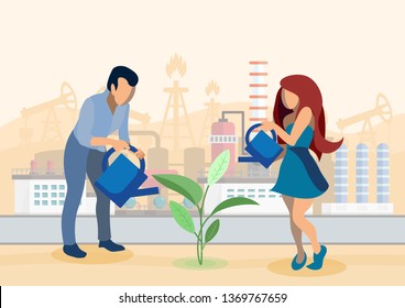 Growing Crops in Industrial Zone Flat Illustration. Cartoon Farmers Watering Seedling, Sprout. Environmental Pollution Problem. Clean Soils for Agricultural Needs, Organic Cultivation