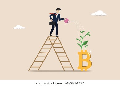 Growing cryptocurrency to reach the highest price, BTC bitcoin price increase concept, businessman investor watering BTC bitcoin plants to reach the highest price.
