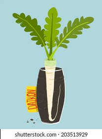 Growing Daikon Radish with Green Leafy Top in Vase. Root vegetable container gardening illustration. Layered vector EPS8