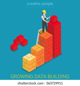 Growing data building flat 3d isometry isometric business report concept web vector illustration. Construction worker building brick chart columns. Growth on estate market. Creative people collection.
