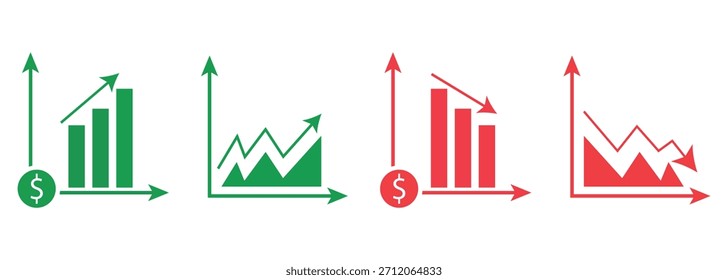 Growing and decline graph icon set. set of percent growing graph icon. Chart increase decrease arrow icon set. business graph or chart, colorful, vector illustration. 