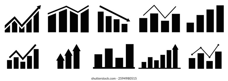 Growing and decline graph icon set.Business chart. Financial rise up. Increase profit. vector illustration