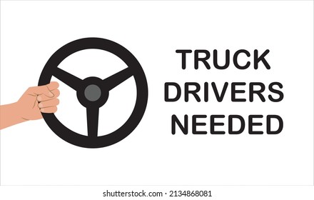 Growing demand for truck drivers. There is a shortage of drivers to increase traffic. Hand holds the steering wheel of the truck