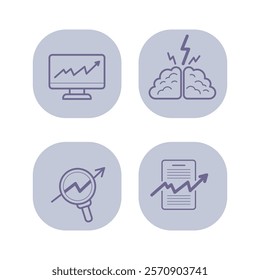 Growing diagrams line icon set. Computer monitor, document and magnifying glass with arrow up. Business, finance, income increase, brainstorming concept. Vector illustrations for web design and apps