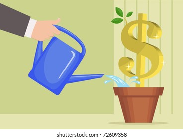 The growing dollar / The man's hand waters dollar growing in a pot from a watering can.The different graphics of the vector image are all on separate layers