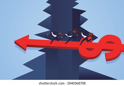 Growing Dollar Sign Arrow Forms A Bridge To Help Businessman Cross The Cliff.