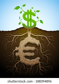 Growing dollar sign like plant with leaves and euro sign like root. Plant, roots and tuber in shape of money symbol. Vector illustration for banking, financial industry, economy, accounting, etc