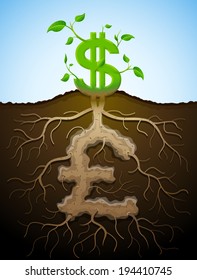 Growing dollar sign like plant with leaves and pound sign like root. 