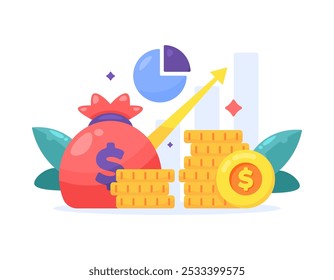 growing economy and finance concept. improvements, investment profits, income, and bonuses. business earning information continues to increase. illustration of bag, money, graph data, and up arrow