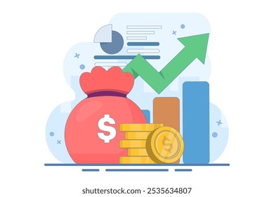 economia em crescimento e conceito financeiro. aumento, lucro do investimento, rendimento e bônus. aumento da informação sobre o rendimento das empresas. moedas, dados gráficos e plantas. ilustração vetorial plana.