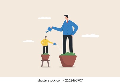 Growing Employee or companies. Support from a manager or colleague. Cooperation of people in the organization. Growth in career advancement. Managers use watering cans to help employees grow.