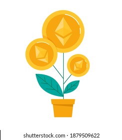 Growing Ethereum, growth concept. Blockchain technologies, digital money market, cryptocurrency. Flat vector on white background. Ether coins.
