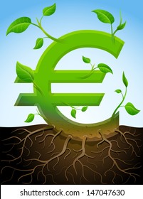 Growing euro symbol like plant with leaves and roots. Stylized plant in shape of euro sign in ground. Qualitative vector illustration for banking, financial industry, economy, accounting, etc