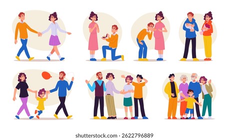 Growing family. Happy couples relationship stages from pregnancy to elderly lifestyle exact vector people set in cartoon style