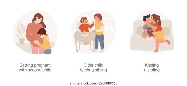Growing family isolated cartoon vector illustration set. Woman pregnant with second child, happy motherhood, older kid feeding baby, kissing a sibling, show affection, family life vector cartoon.