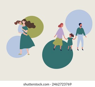 Growing family life stages concept. Love couple relationship, marriage, becoming parents, mother and father of children. Flat and minimalist illustrations with circular background.