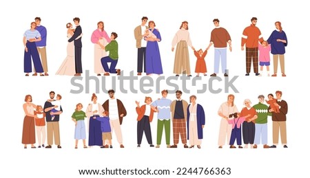 Growing family life stages concept. Love couple relationship development, marriage, pregnancy, becoming parents, mother and father for children. Flat vector illustrations isolated on white background