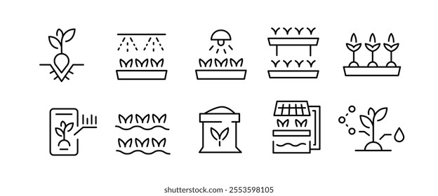 Growing farming icons. Set of 10 farming trendy minimal icons. Seedling, watering, cultivation, vertical farming. Design signs for web page, mobile app, packaging design. Vector illustration.