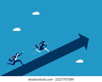 Growing faster than competitors. Businesswoman running race on growth arrow 