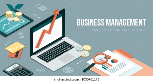 Growing financial graph on a laptop with arrow going up on a desktop: successful business and investments concept
