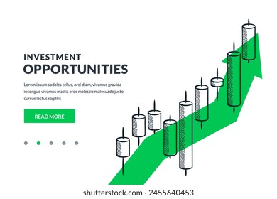 Growing financial stock market chart on green arrow background. Hand drawn vector sketch illustration. Investment profit, statistics, business strategy growth concept