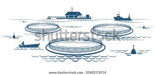 Growing fish industry. Open water fish\
farming netting cages boats and constructions, salmon farm\
aquaculture technology vector\
illustration
