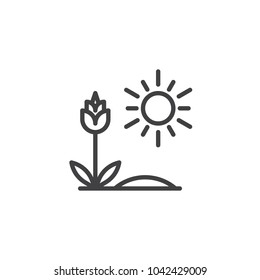 Growing flower and sun outline icon. linear style sign for mobile concept and web design. Springtime simple line vector icon. Symbol, logo illustration. Pixel perfect vector graphics