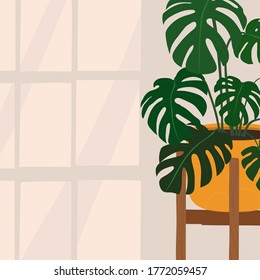 Growing flowers concept. Modern web banner with monstera and window. Caring for indoor plants. Hobby. Vector flat design card witn empty space for text.